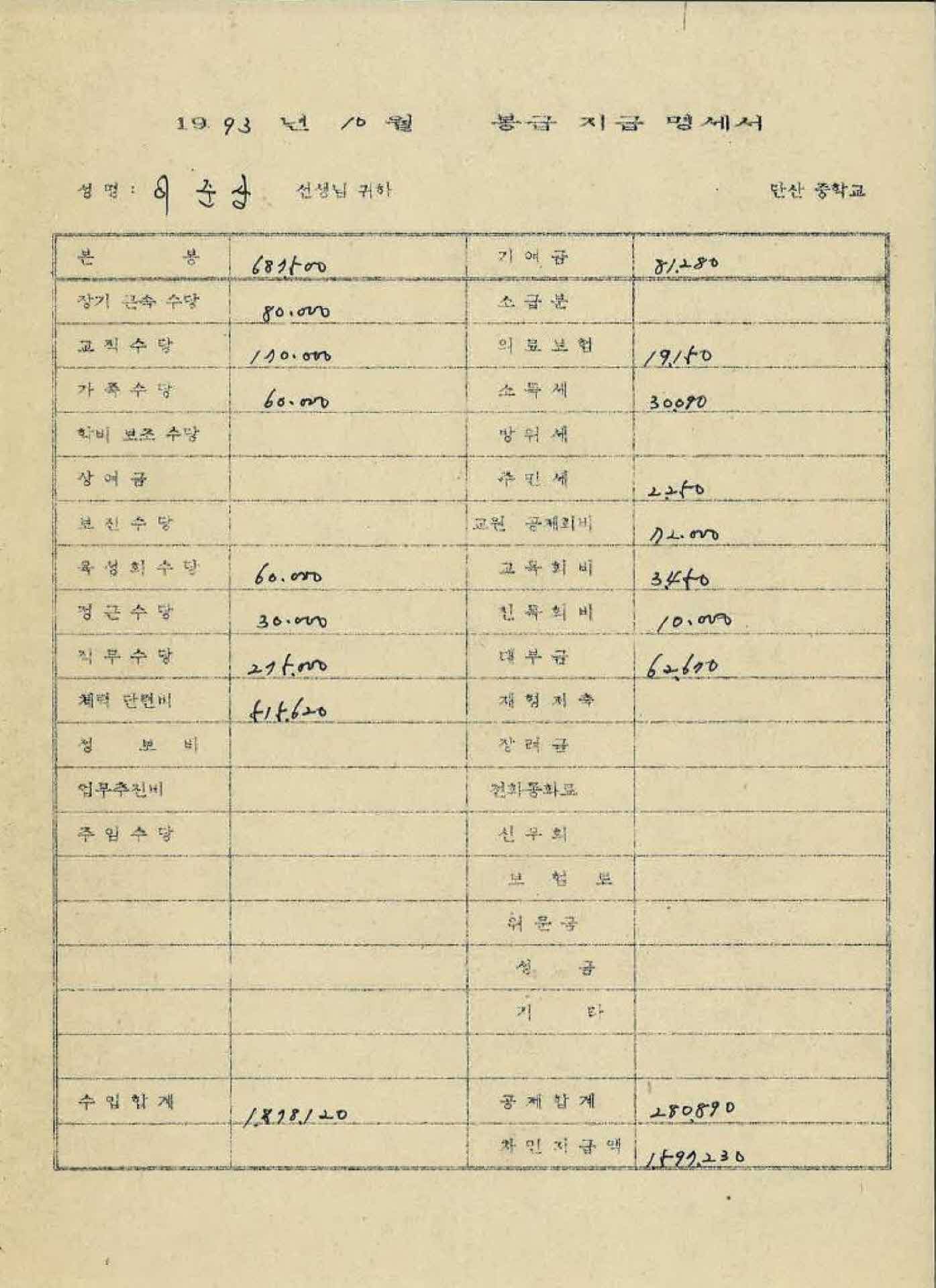 1993년 10월 교사 봉급계산서