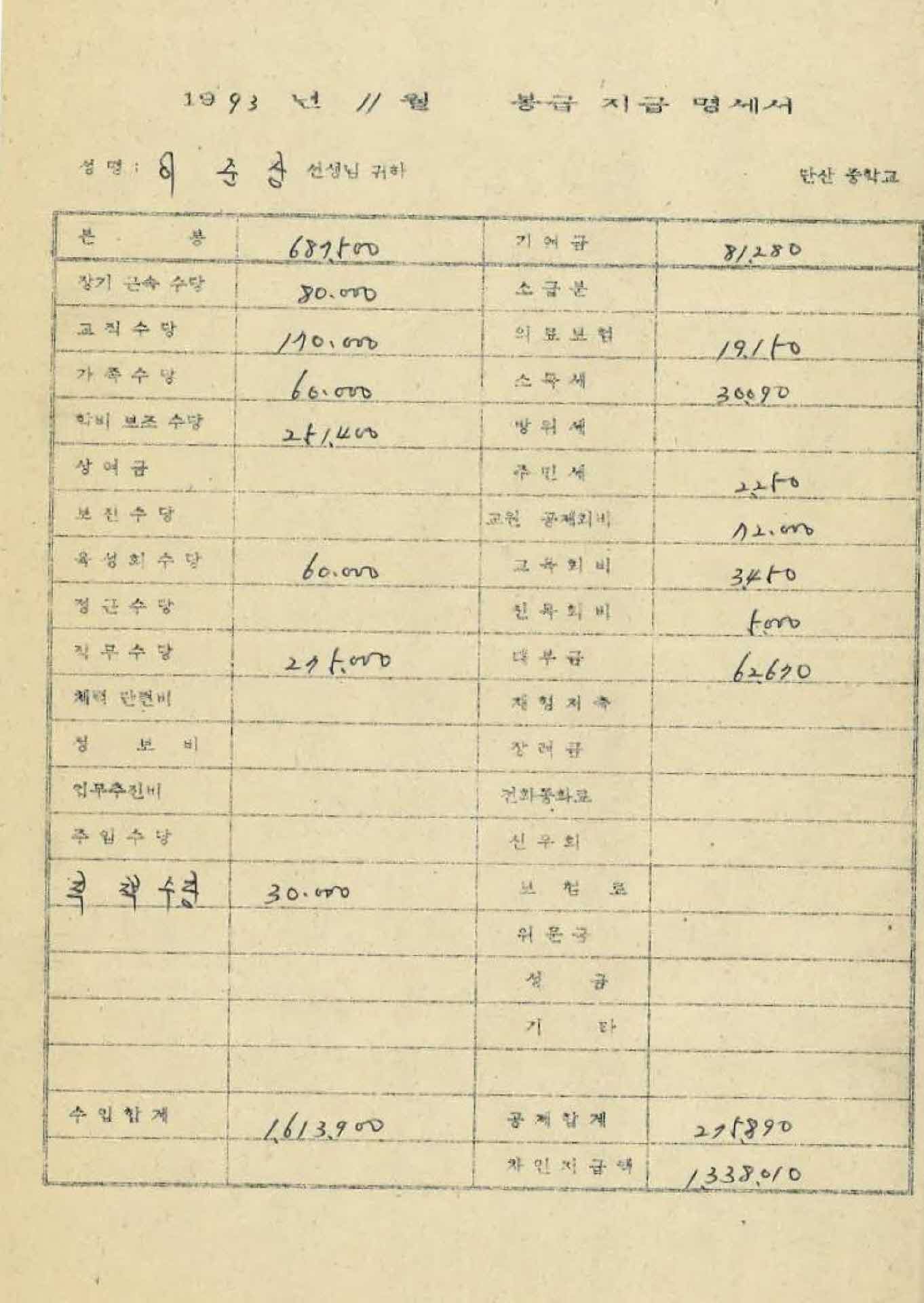 1993년 11월 교사 봉급계산서