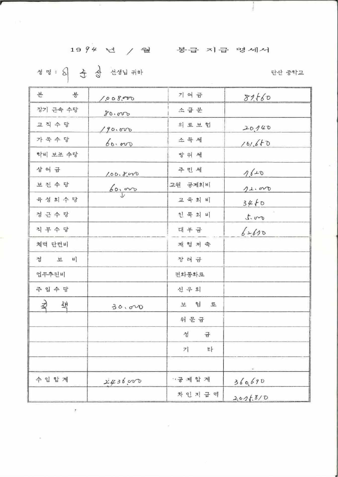 1994년 1월 교사 봉급계산서