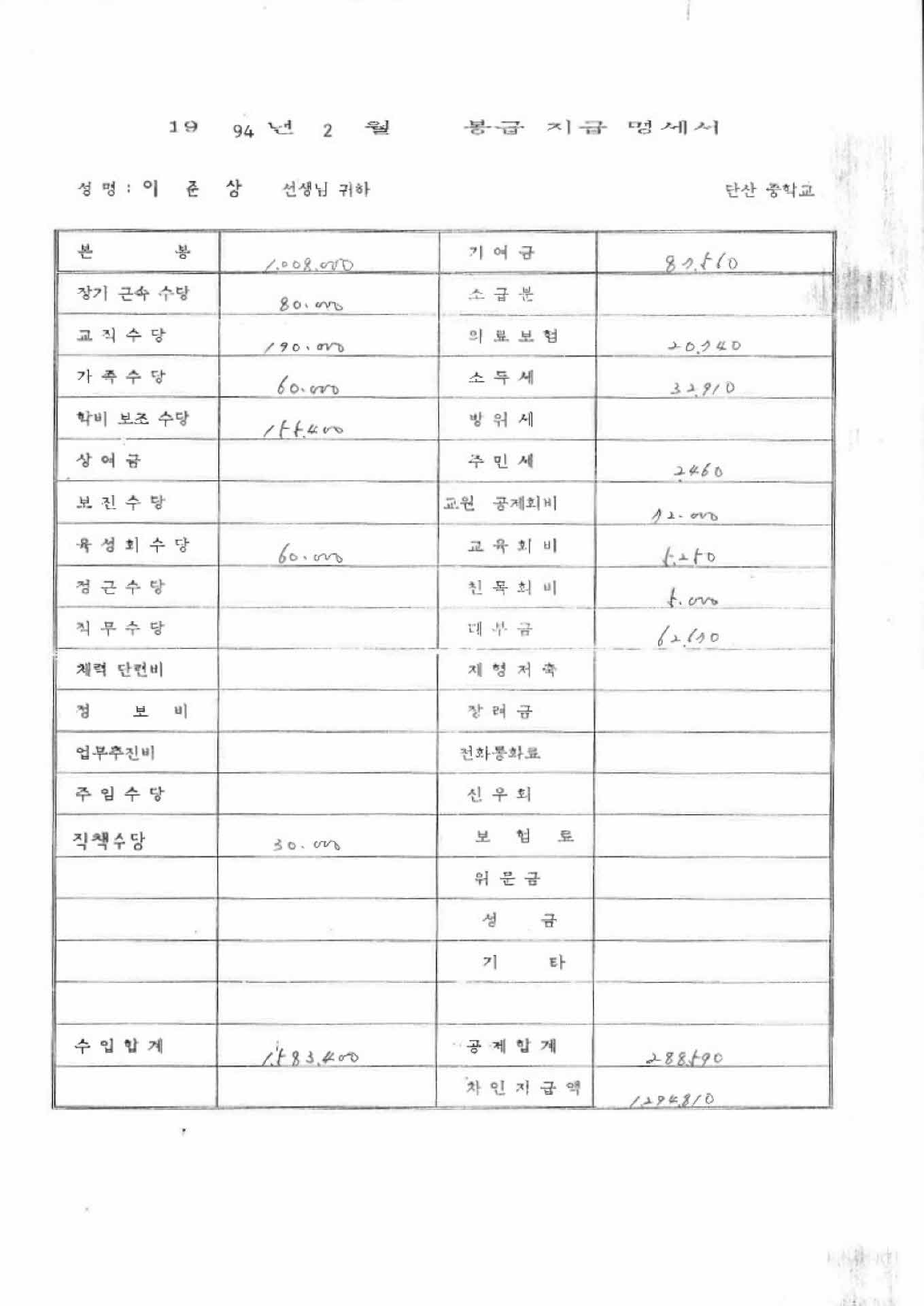 1994년 2월 교사 봉급계산서