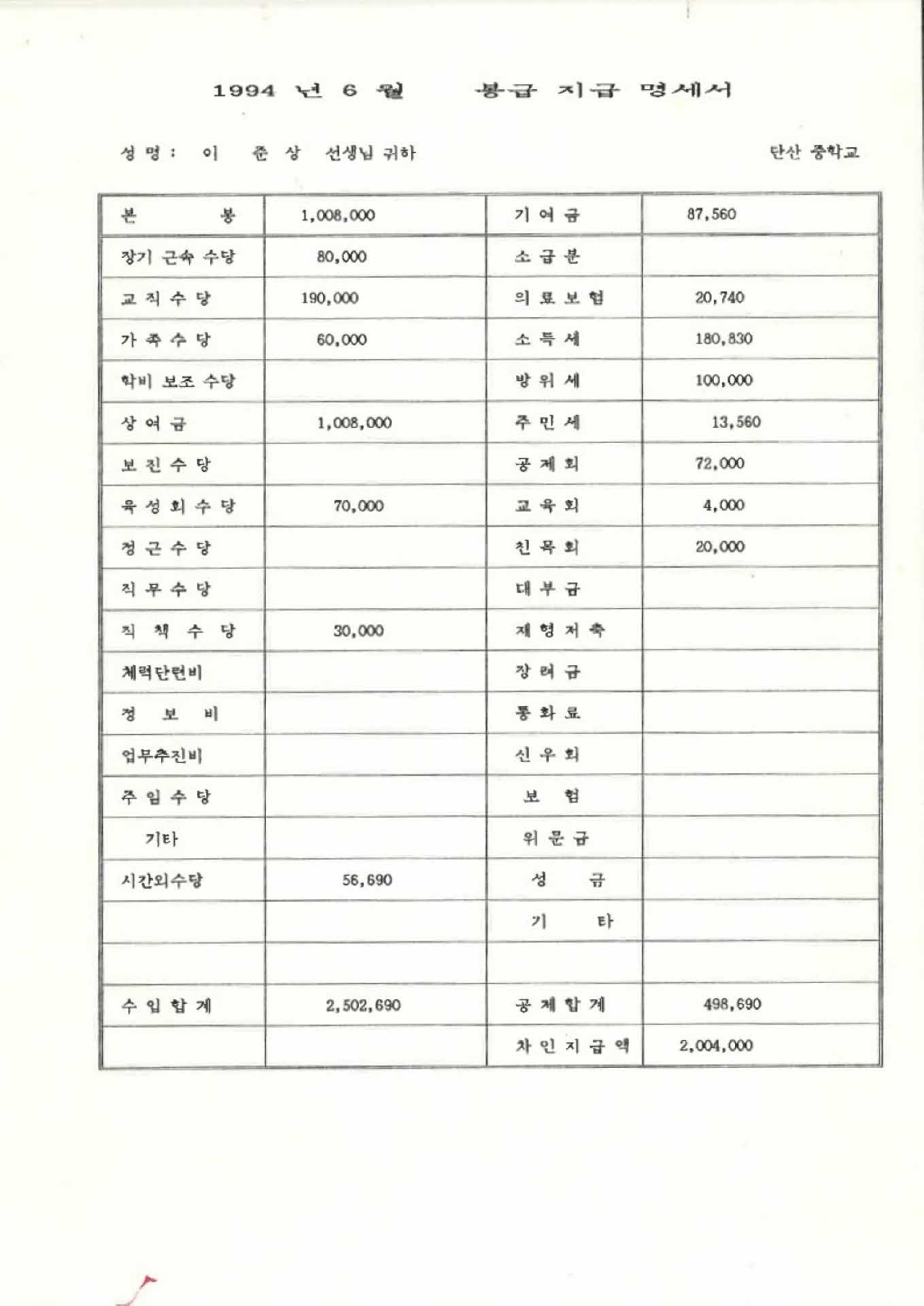 1994년 6월 교사 봉급계산서