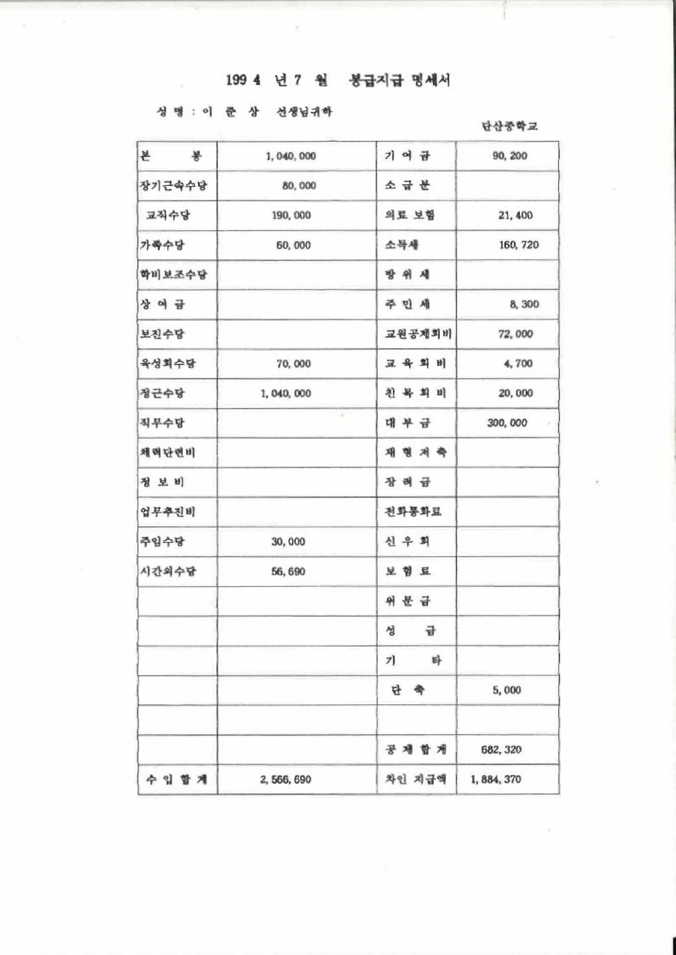 1994년 7월 교사 봉급계산서
