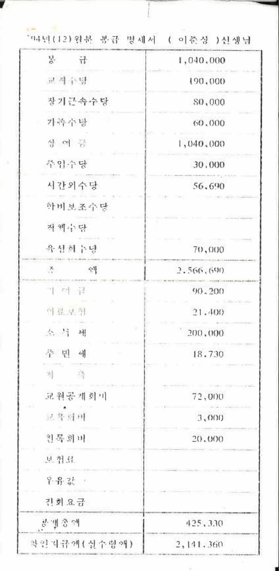 1994년 12월 교사 봉급계산서