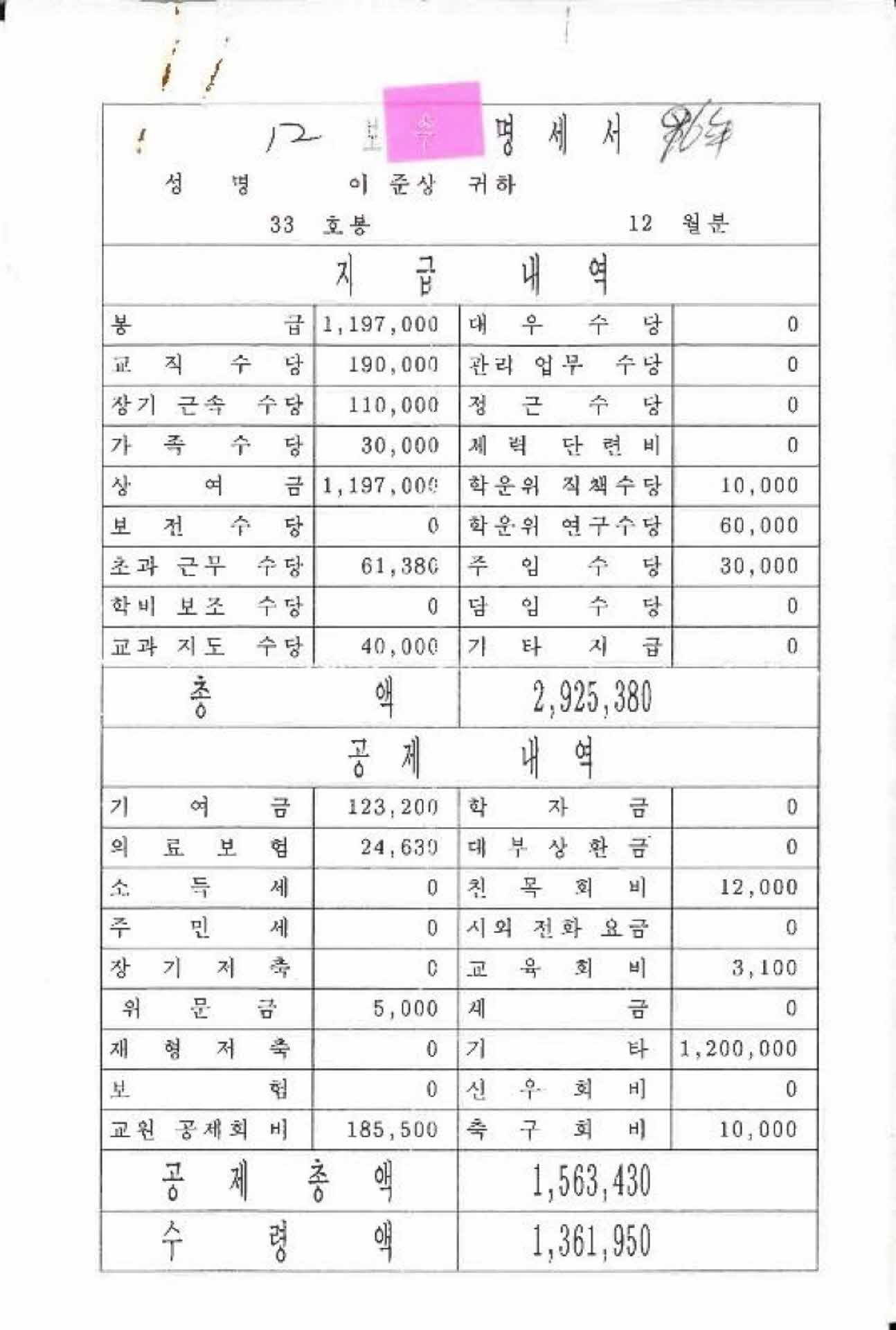 1996년 12월 교사 봉급계산서