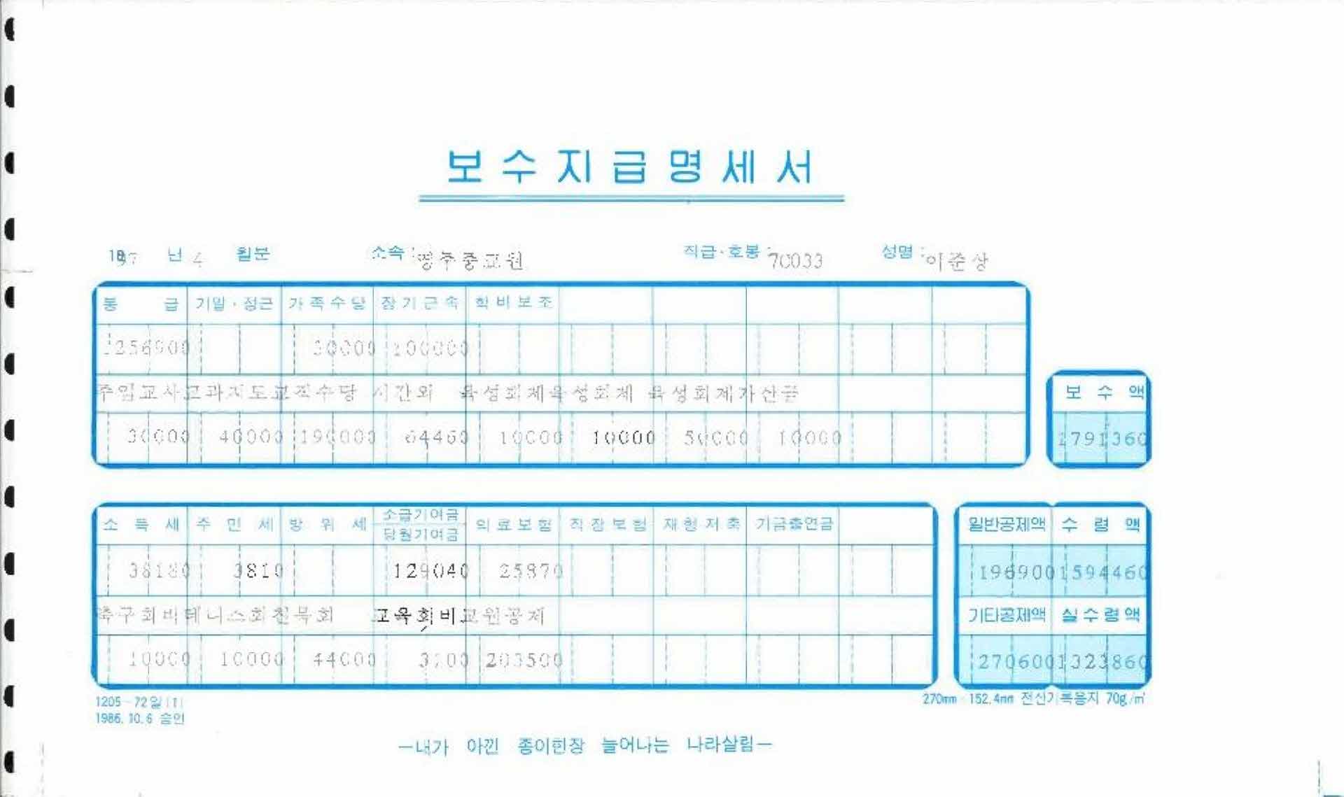 1997년 4월 교사 봉급계산서