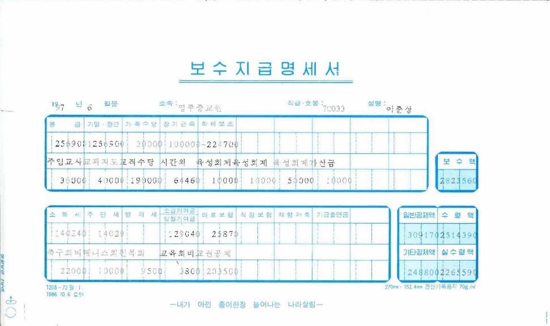1997년 6월 교사 봉급계산서