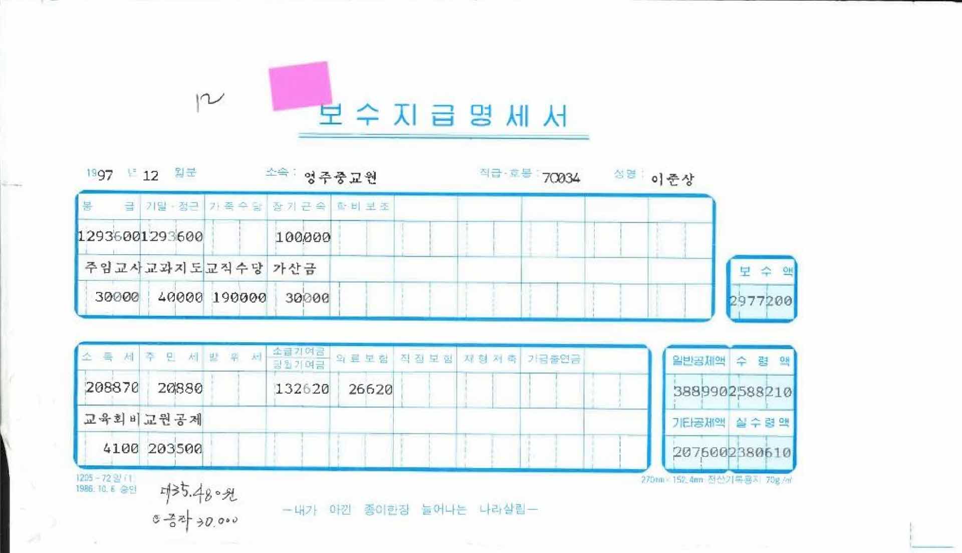 1997년 12월 교사 봉급계산서