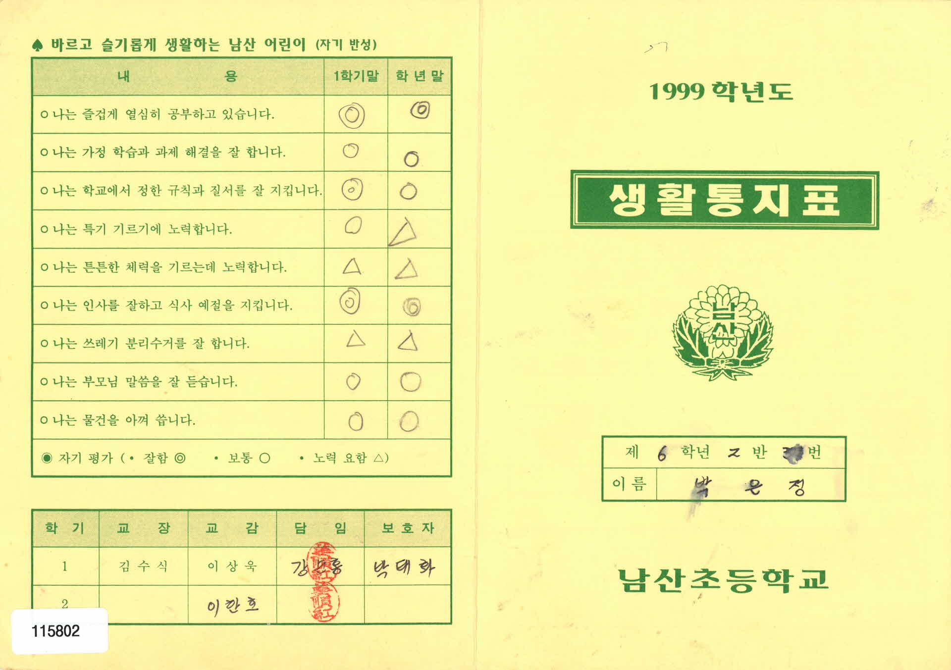 1999학년도 생활통지표