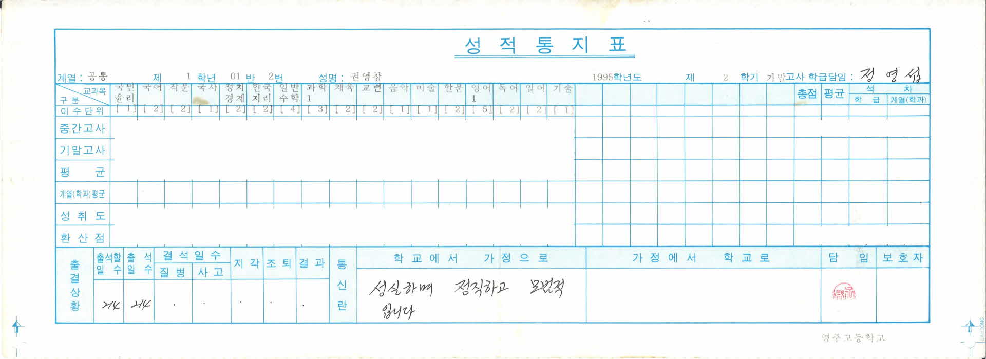 영주고등학교 성적표