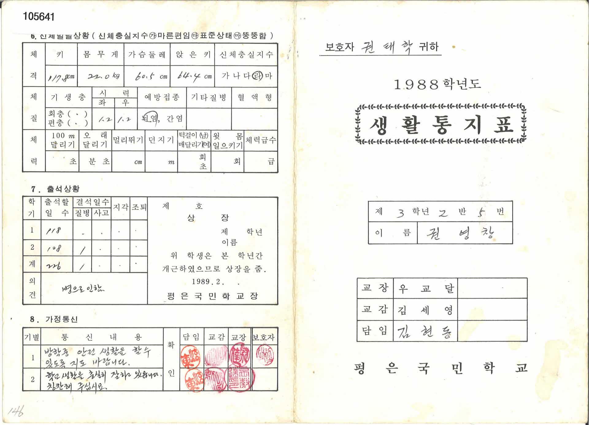 1988년 평은국민학교 생활통지표