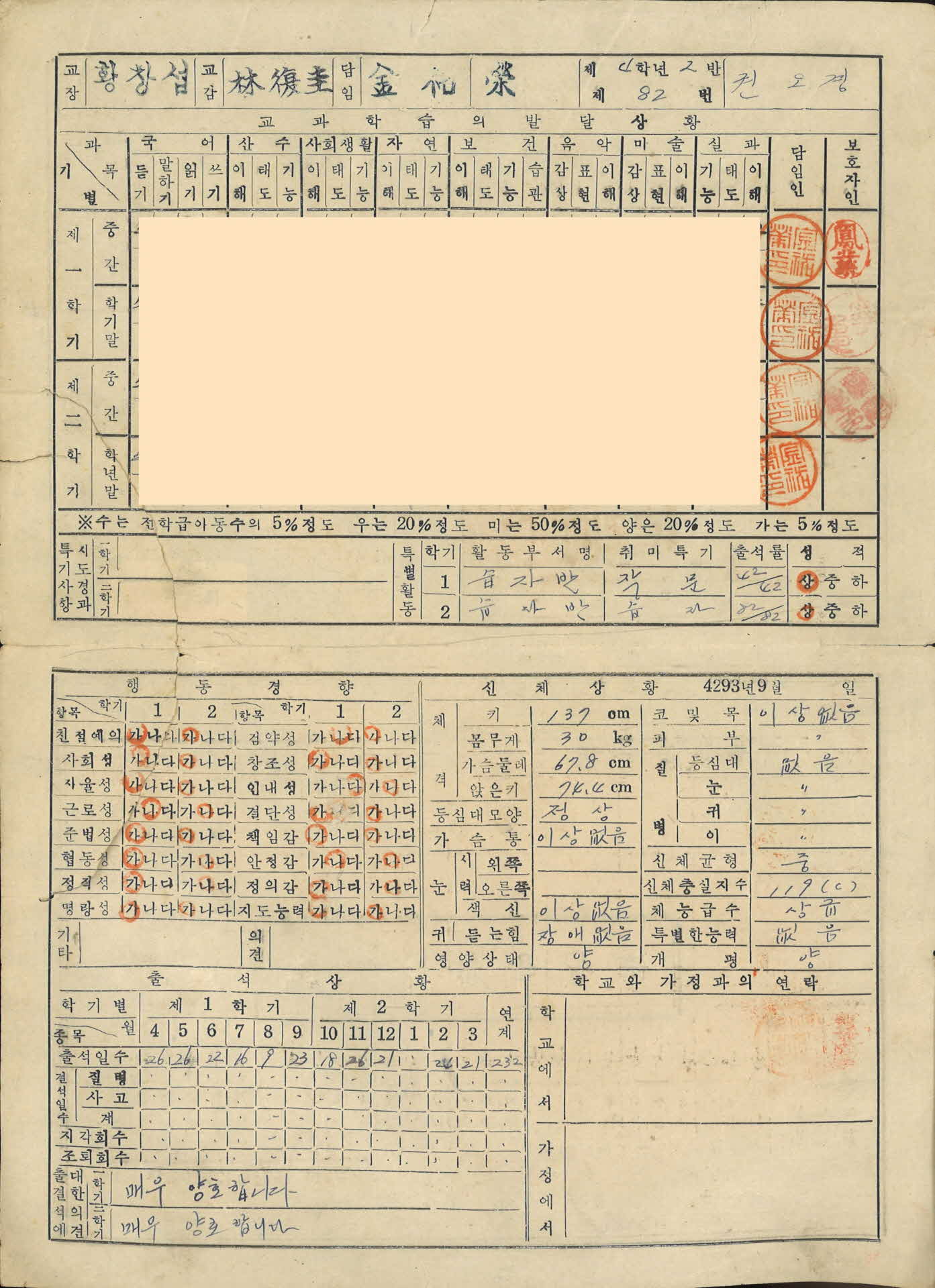 장수국민학교 통지표
