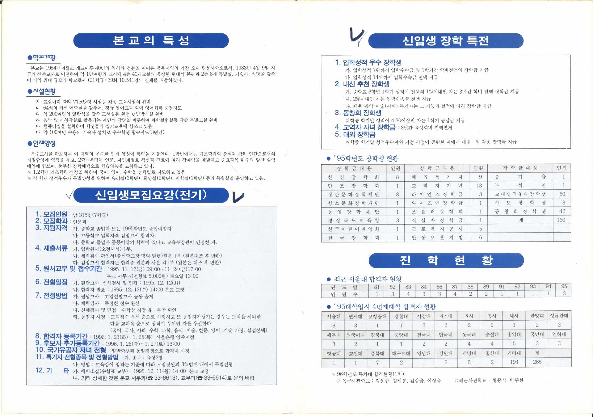 1996학년도 영광고등학교 신입생 입학 안내서