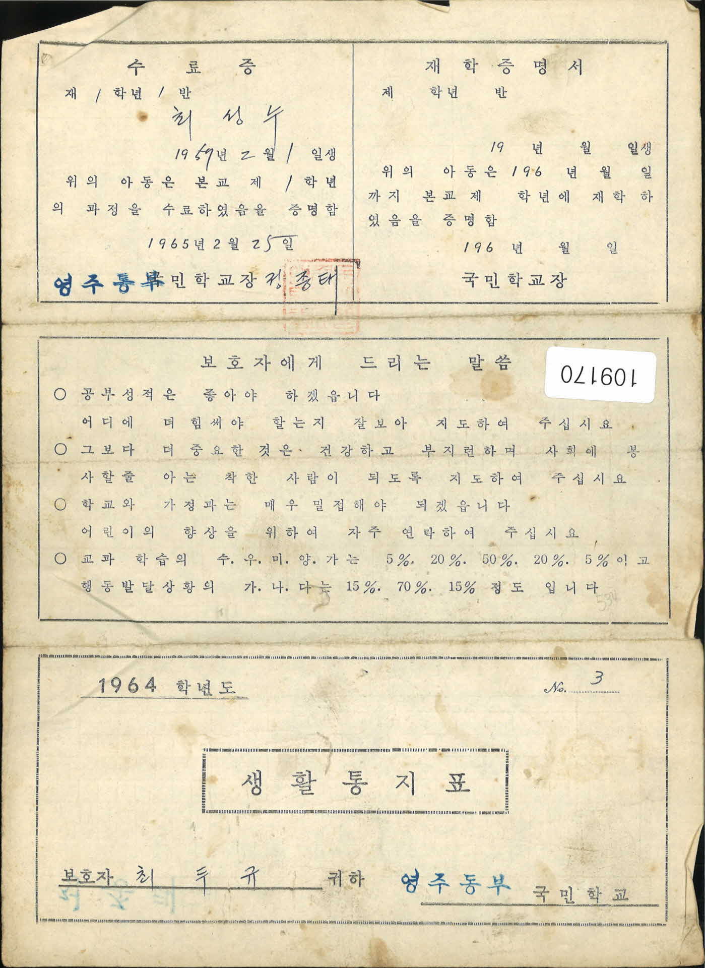 1964년 영주동부국민학교 생활통지표