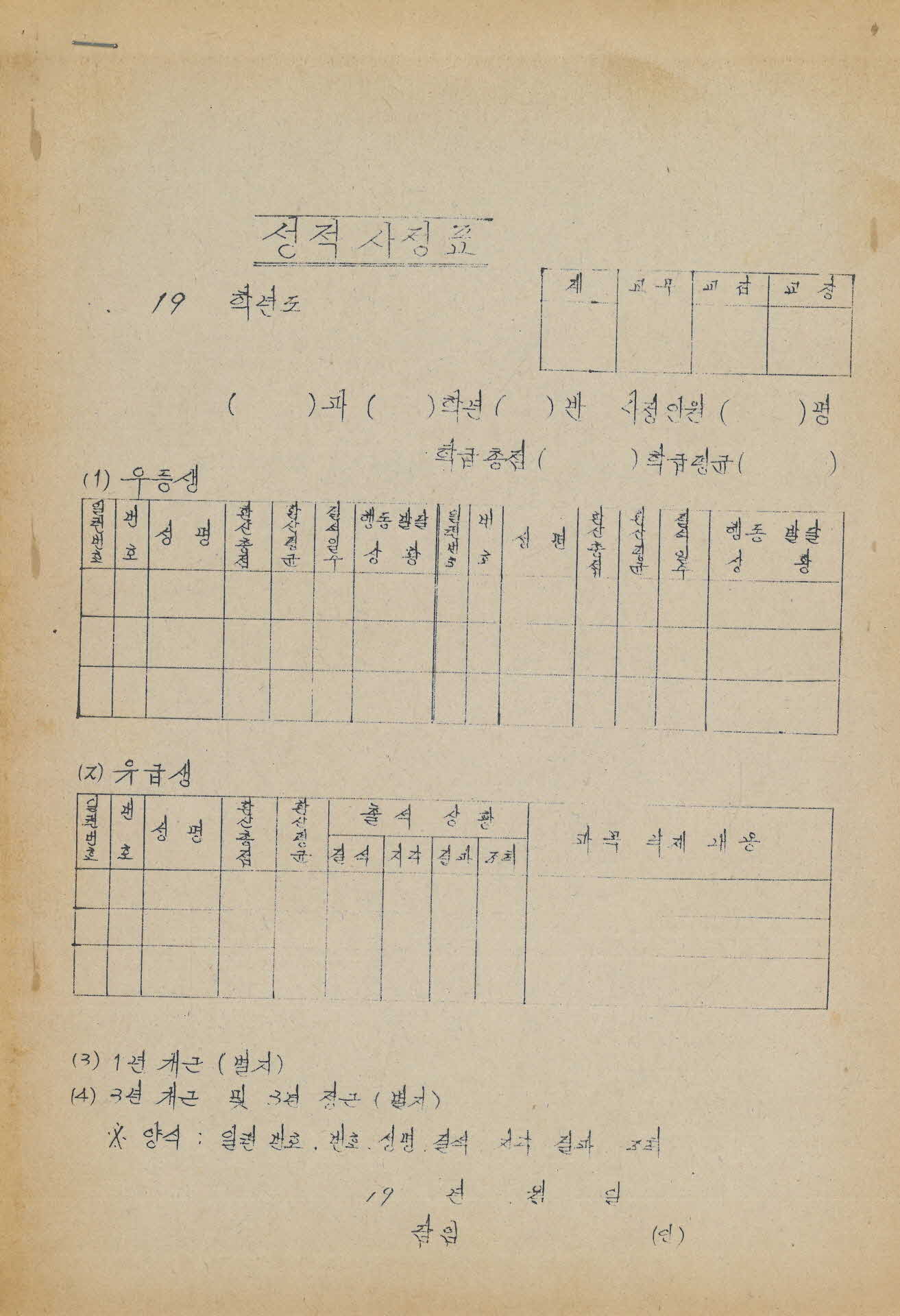 영주공업고등학교 성적 사정표
