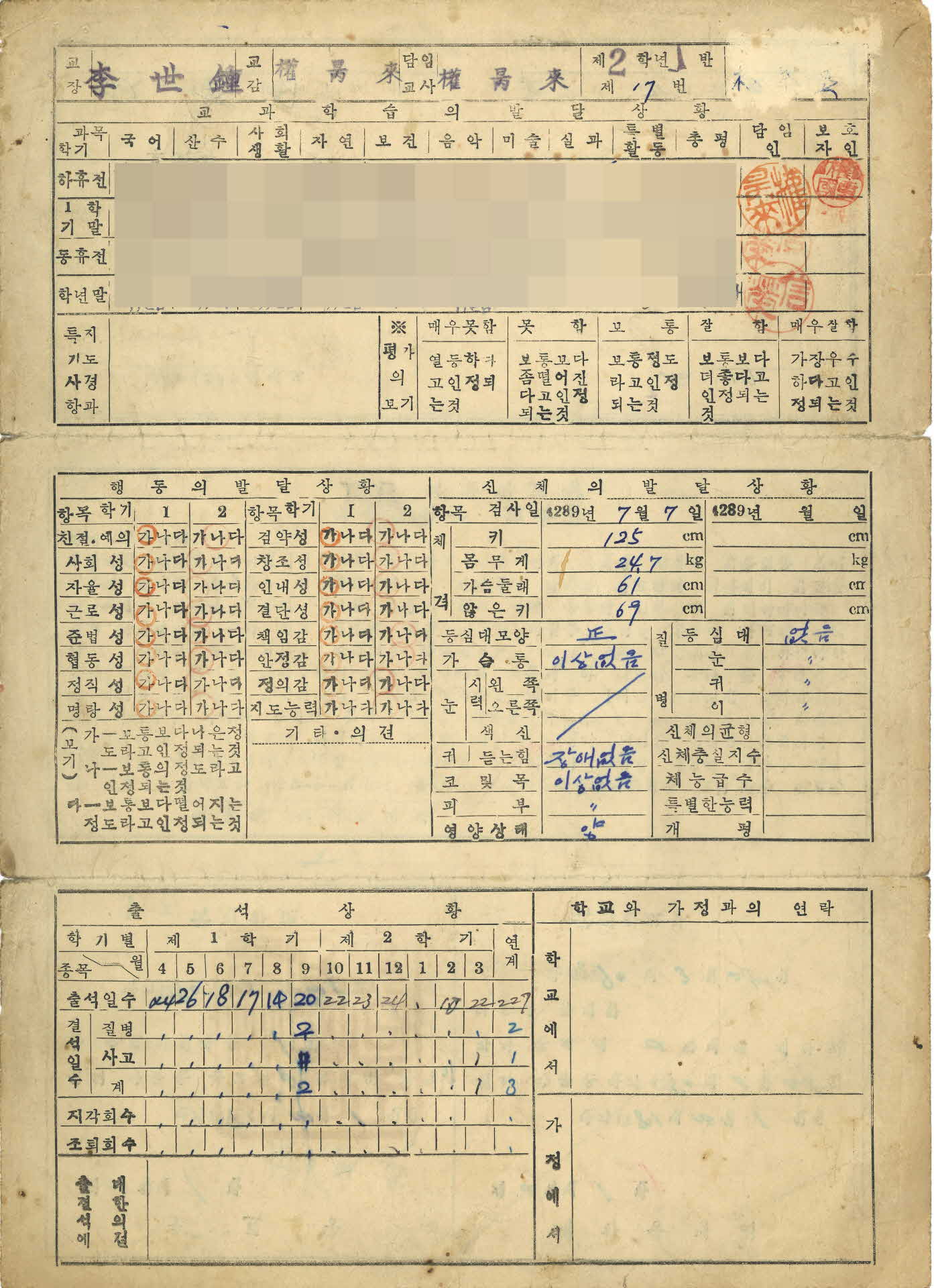 1956년 상석국민학교 학교생활통지표