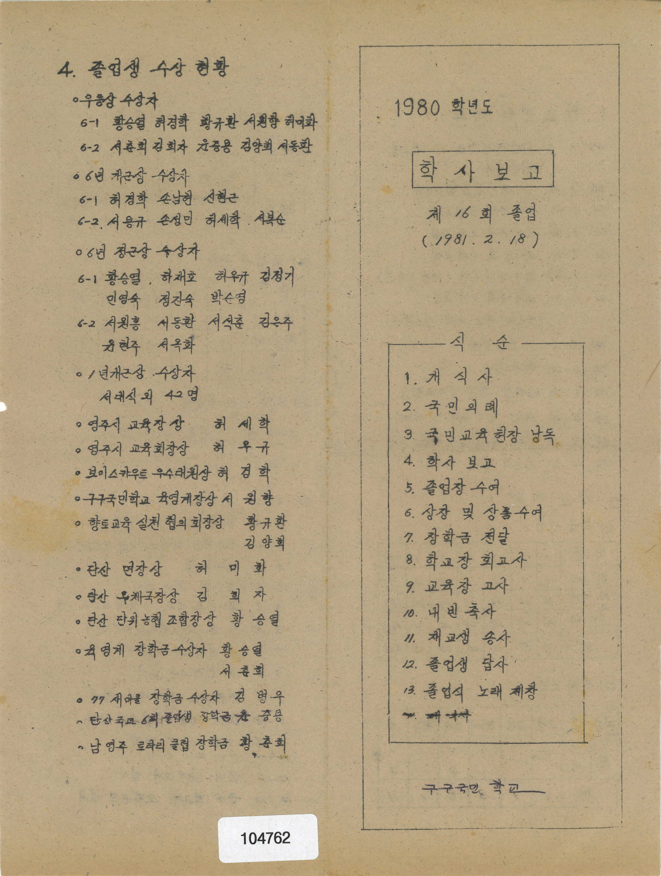 1980학년도 구구국민학교 학사보고
