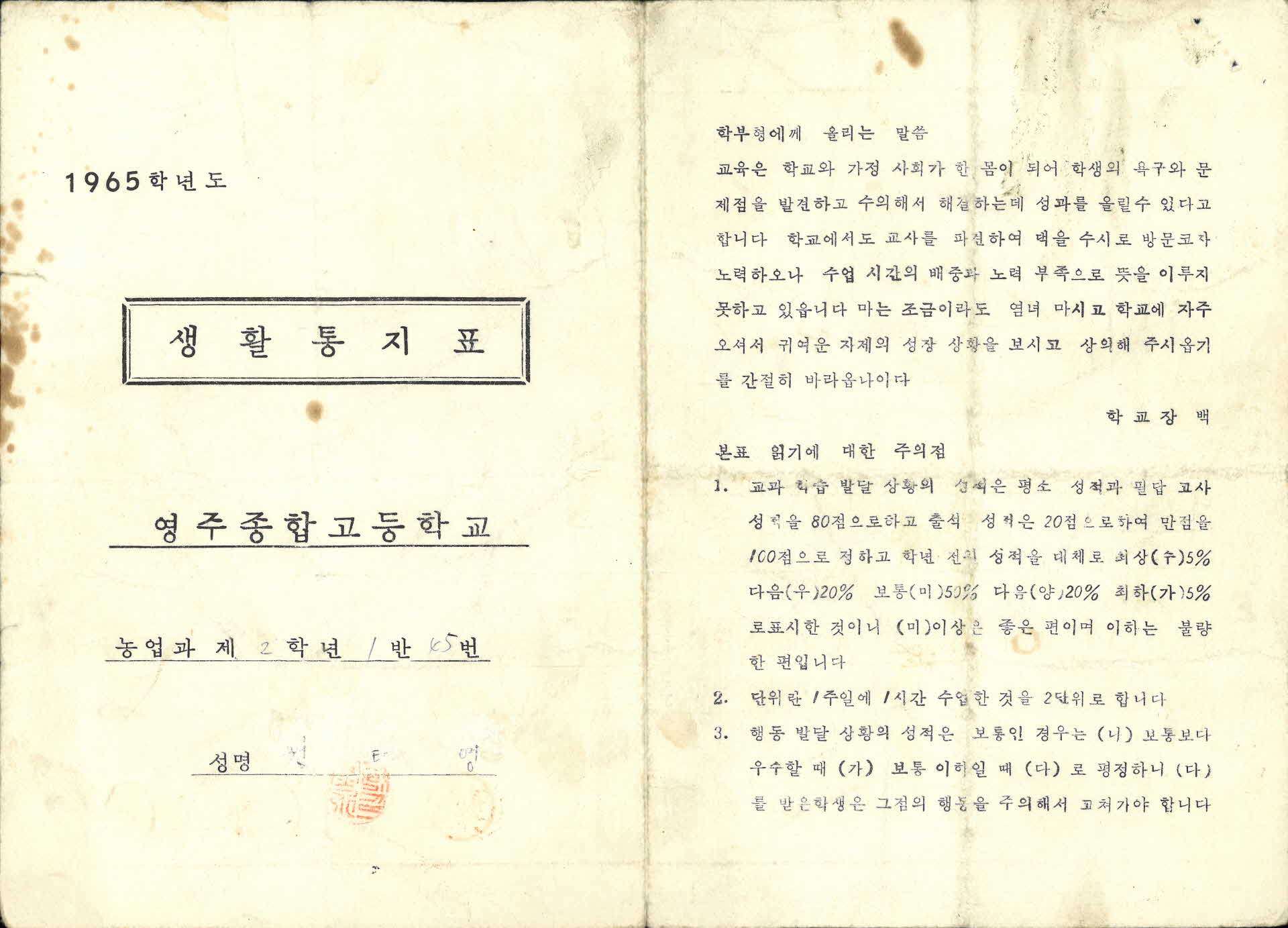 1965학년도 영주종합고등학교 생활통지표