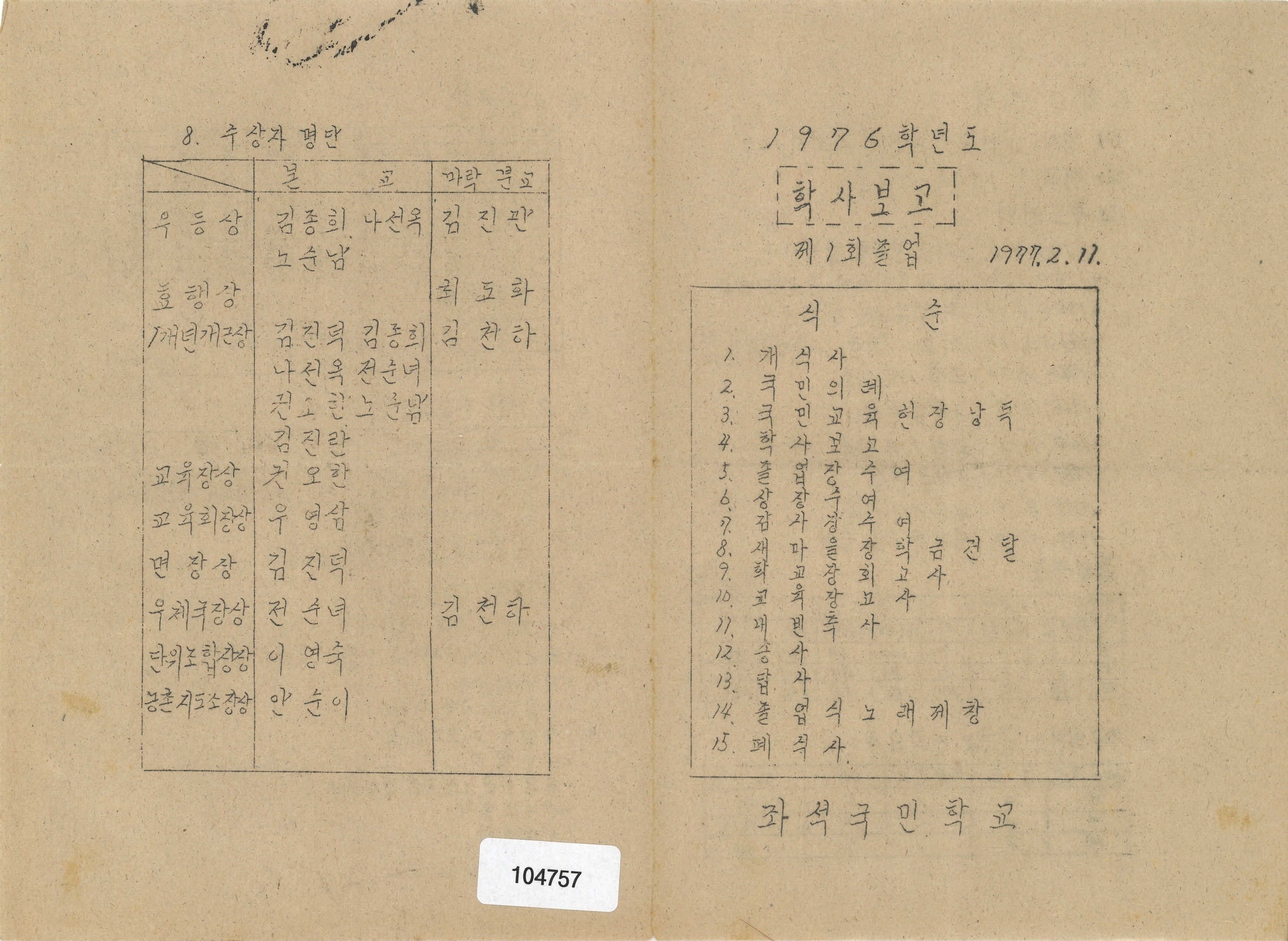 1976학년도 좌석국민학교 학사보고