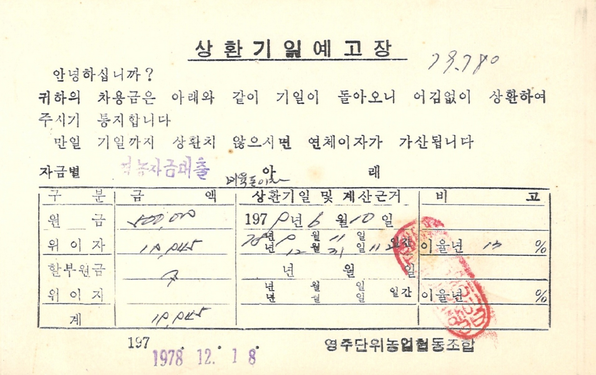단위농협 상환기일 예고장