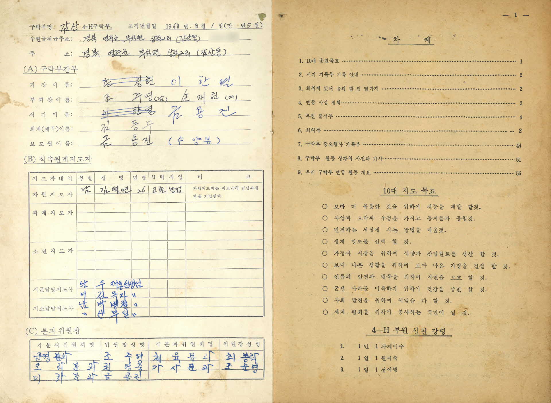 감산 4-H 구락부 「서기기록부」