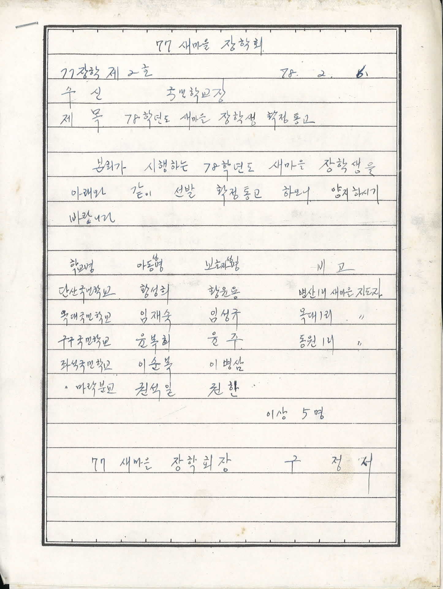 새마을장학회 장학생 추천서