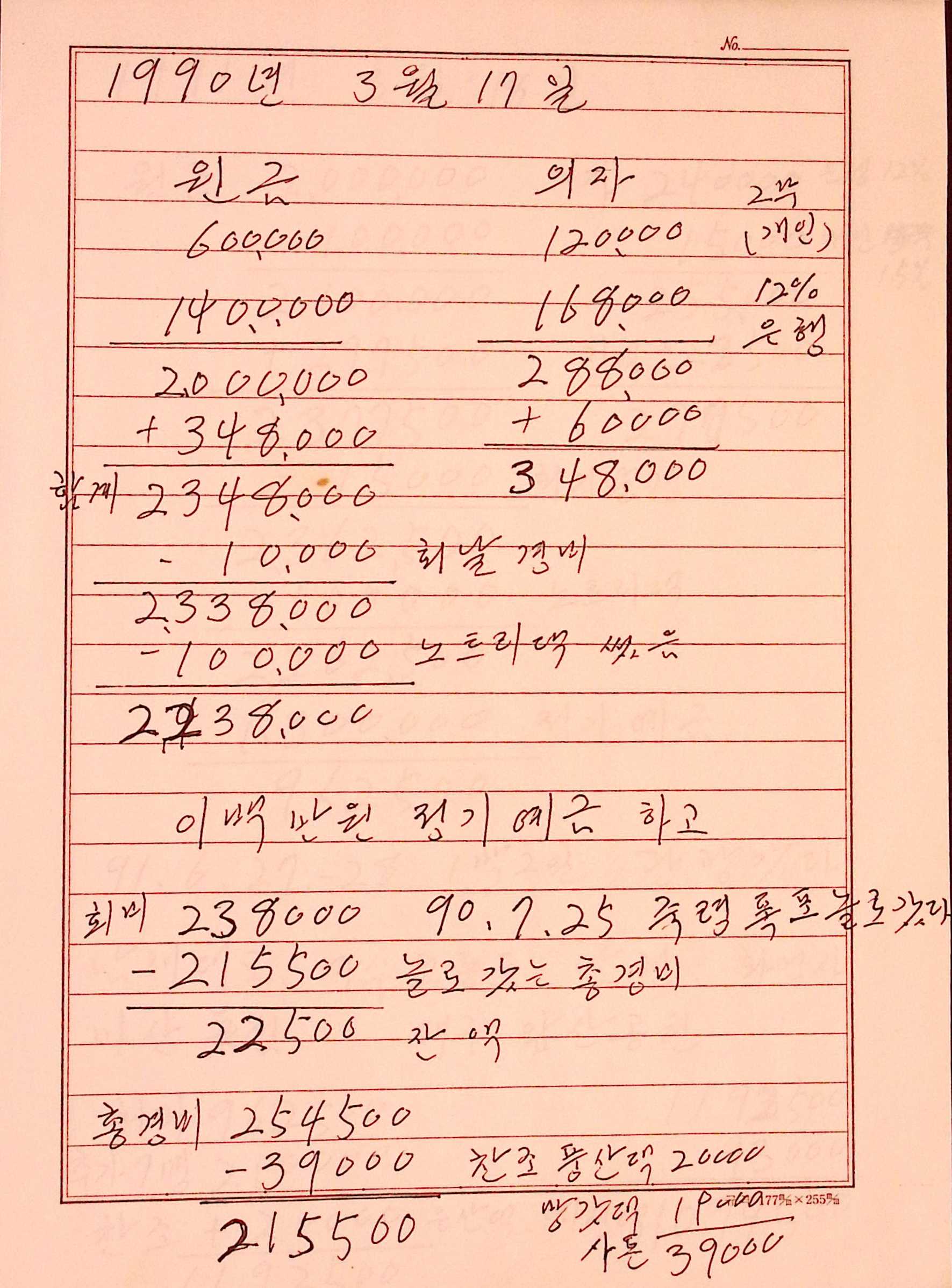 새마을 어머니회 부녀회기금 관련 기록 장부
